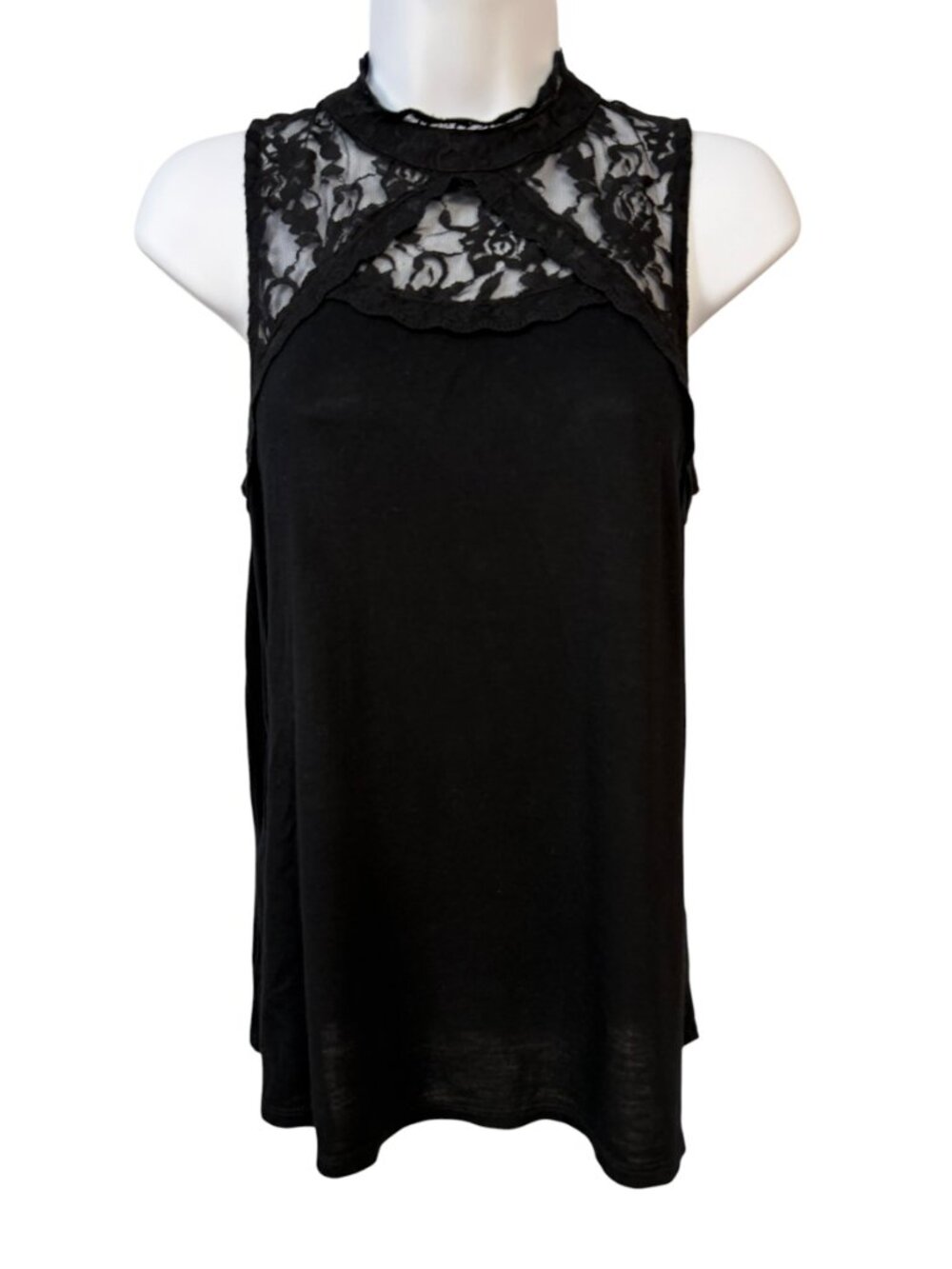 Almost Famous Black Lace Yoke Sleeveless Top Small Scalloped High Neck